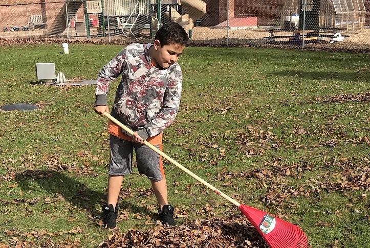 Child raking leaves - Mentoe Elementary