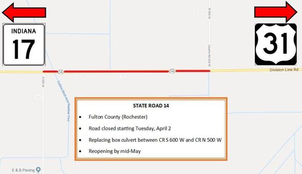 Thumbnail for the post titled: SR 14 in Fulton County closed April 2 – mid-May 2019 for culvert replacement